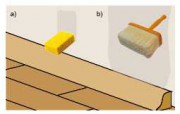 Podczas odnawiania pomieszczeń należy przeprowadzić próbę nasiąkliwości podłoża, posługując się gąbką zamoczoną w wodzie (a). Jeśli jest ono chłonne, konieczne jest gruntowanie (b).